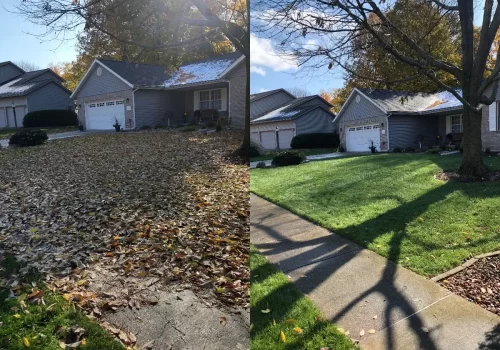 Before and after photos of fall cleanup in Central Illinois done by Mobeck Lawn & Landscape