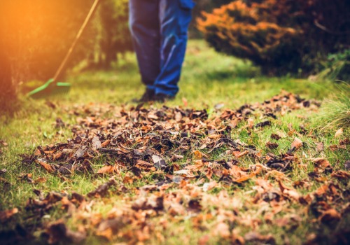 A team member of Mobeck Lawn & Landscape performs fall cleanup, which is one benefit if you're looking for 